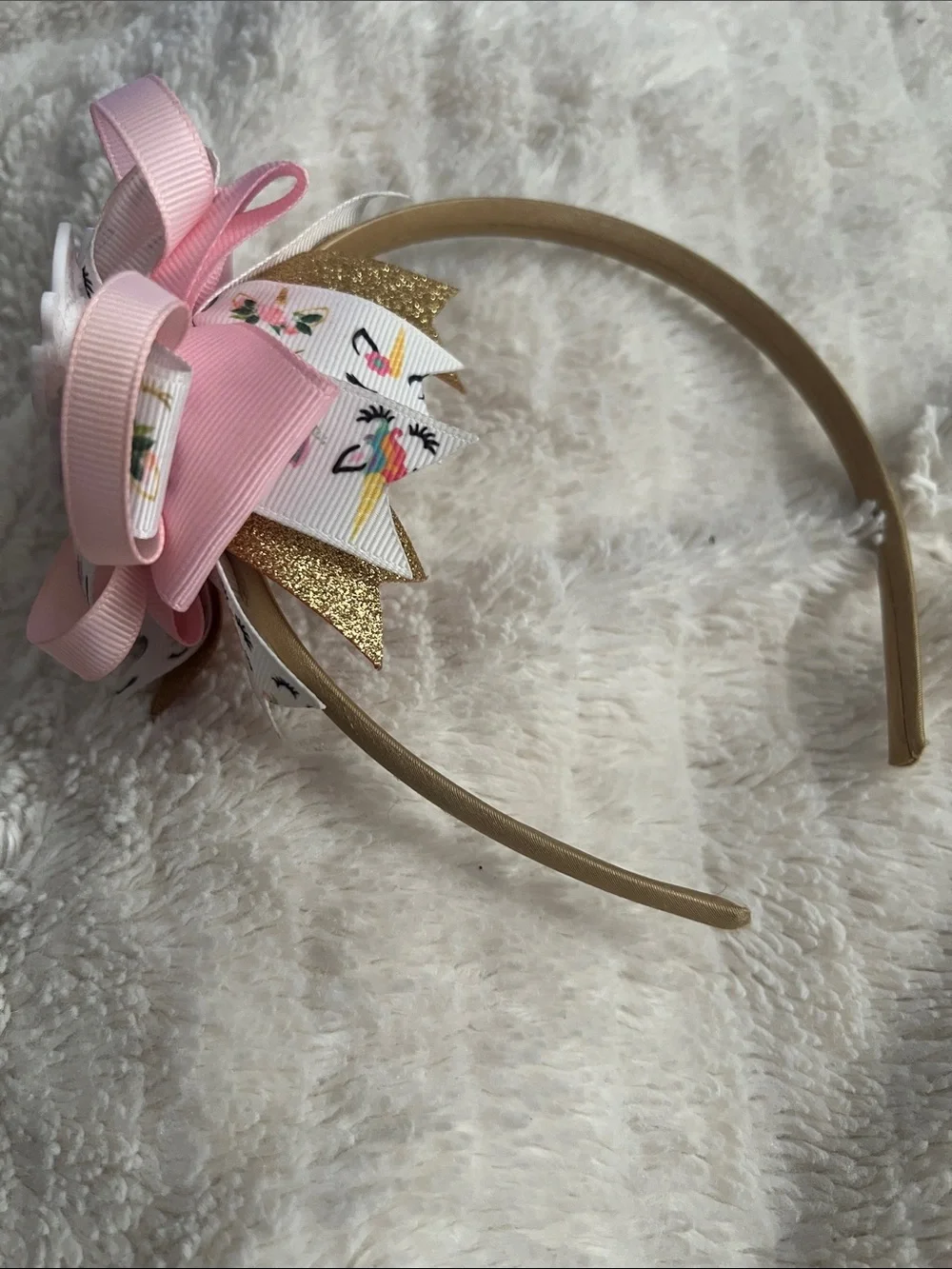 Girls' Gold Headband with Pink Bow and Unicorn Ribbon